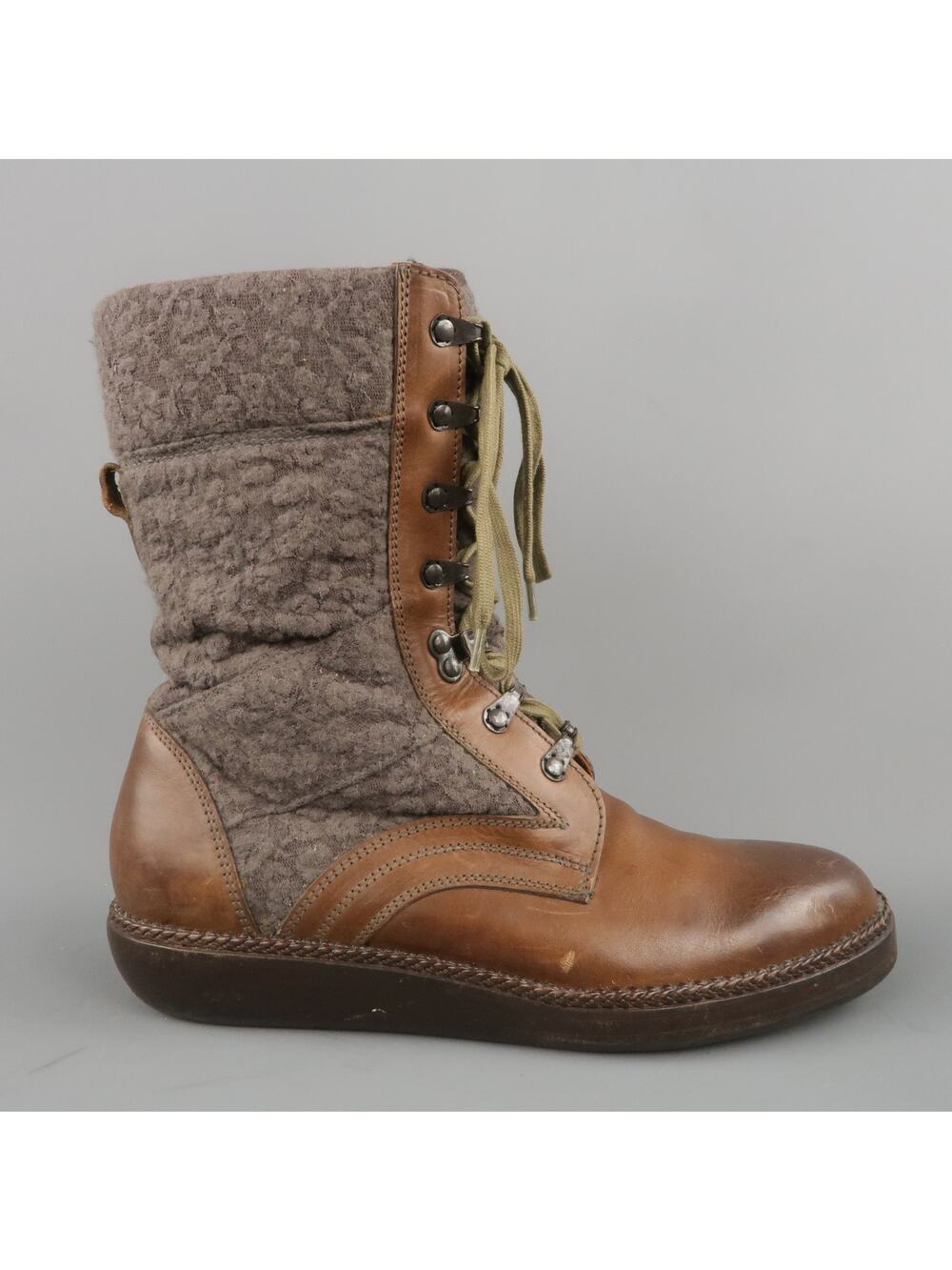 LANVIN Size 7 Brown  Leather & Textured Lace Mid Calf Combat Boots